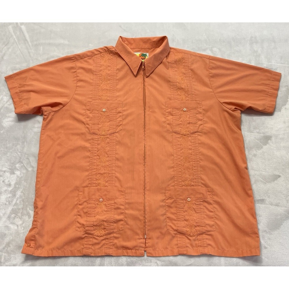 The Genuine Haband Guayabera Shirt Men XL Orange Full Zip Embroidered Vacation - Picture 13 of 14